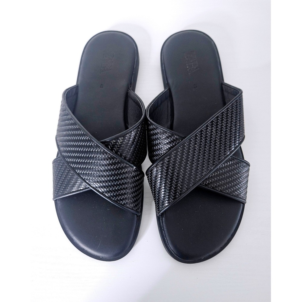 ZARA Men's Black Woven Criss Cross Slide Sandals Leather Straps Size EU 45 US 12